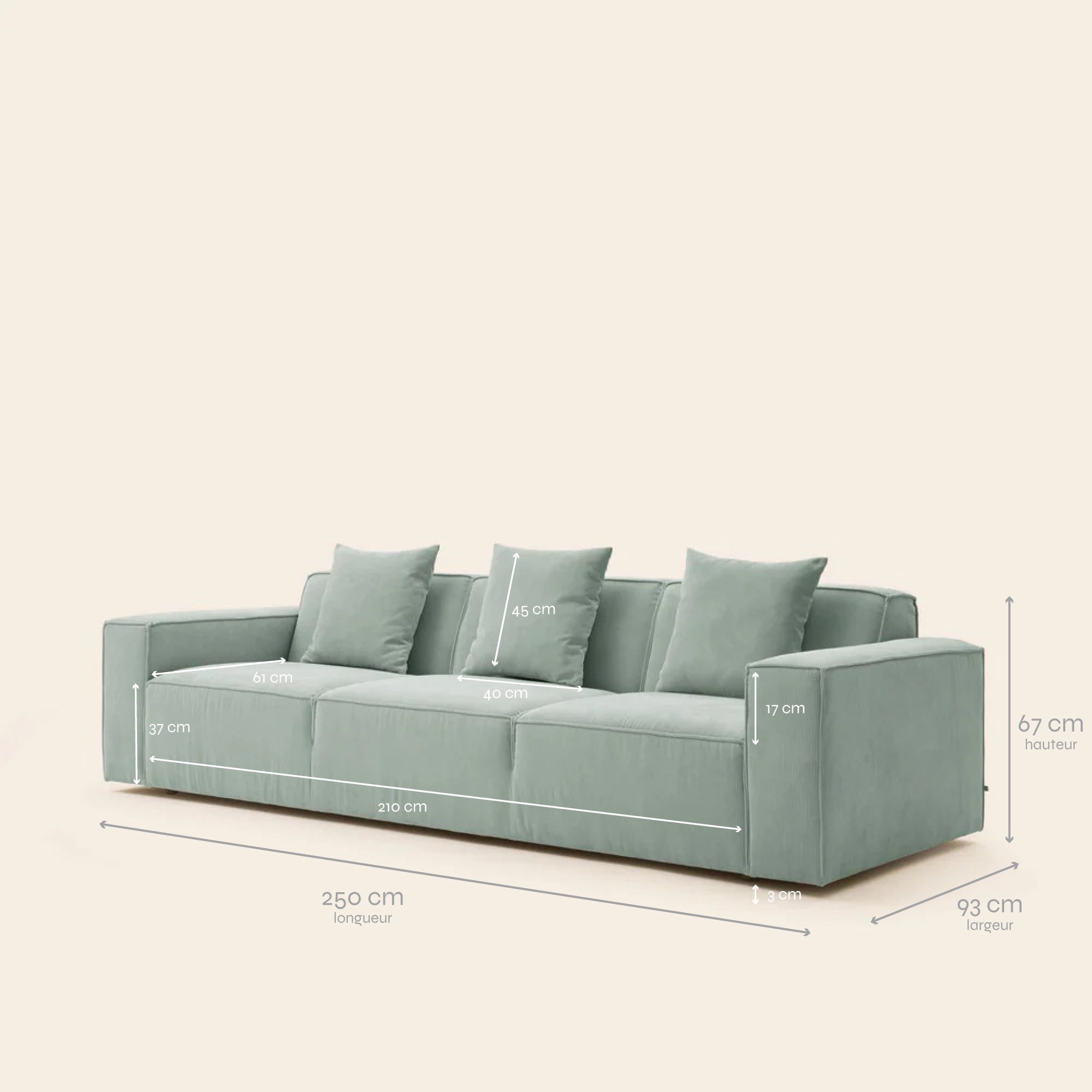 3-Sitzer-Sofa DYONIS profilo gerippter Grünspan
