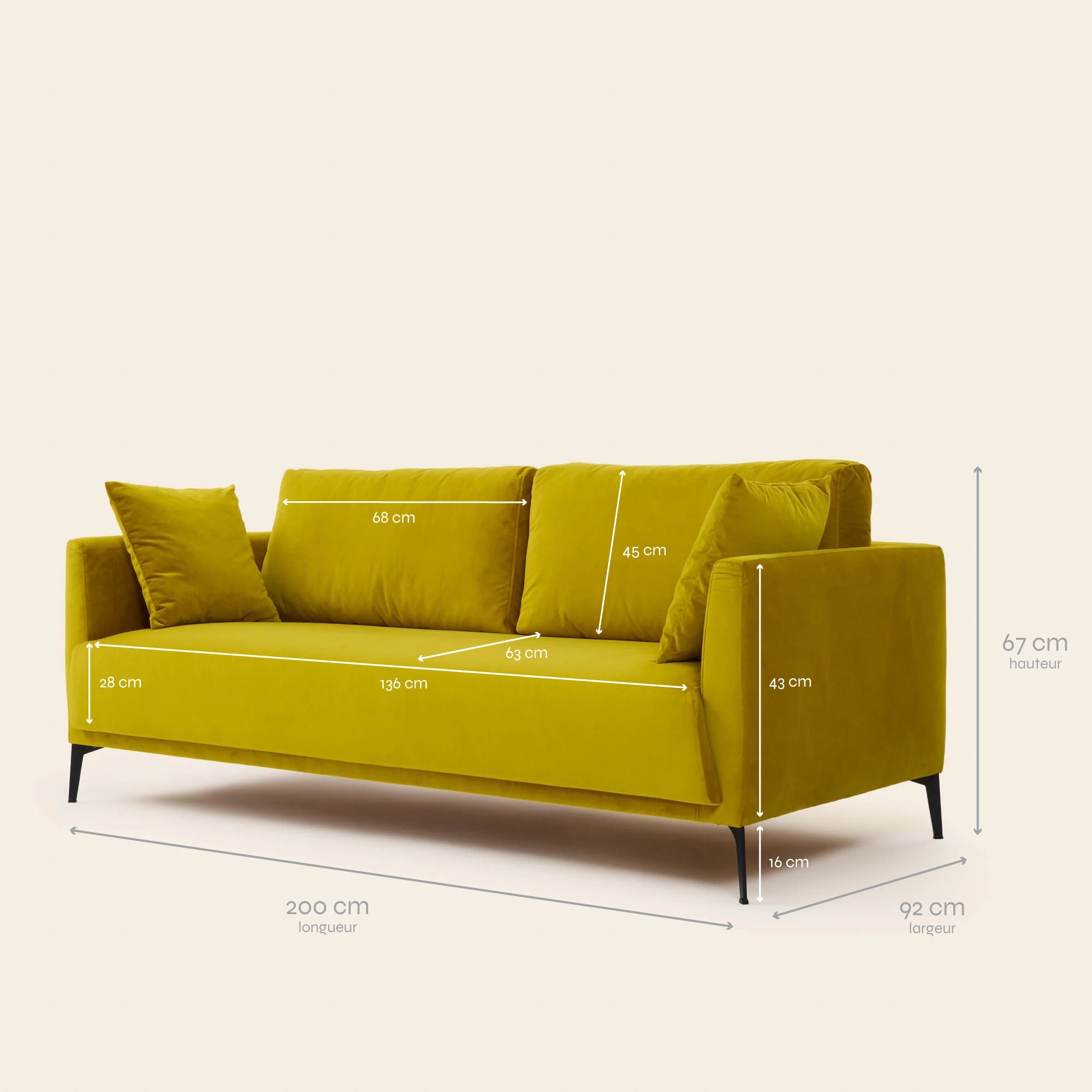 3-Sitzer-Sofa ODELLE dalila schwefelgelb