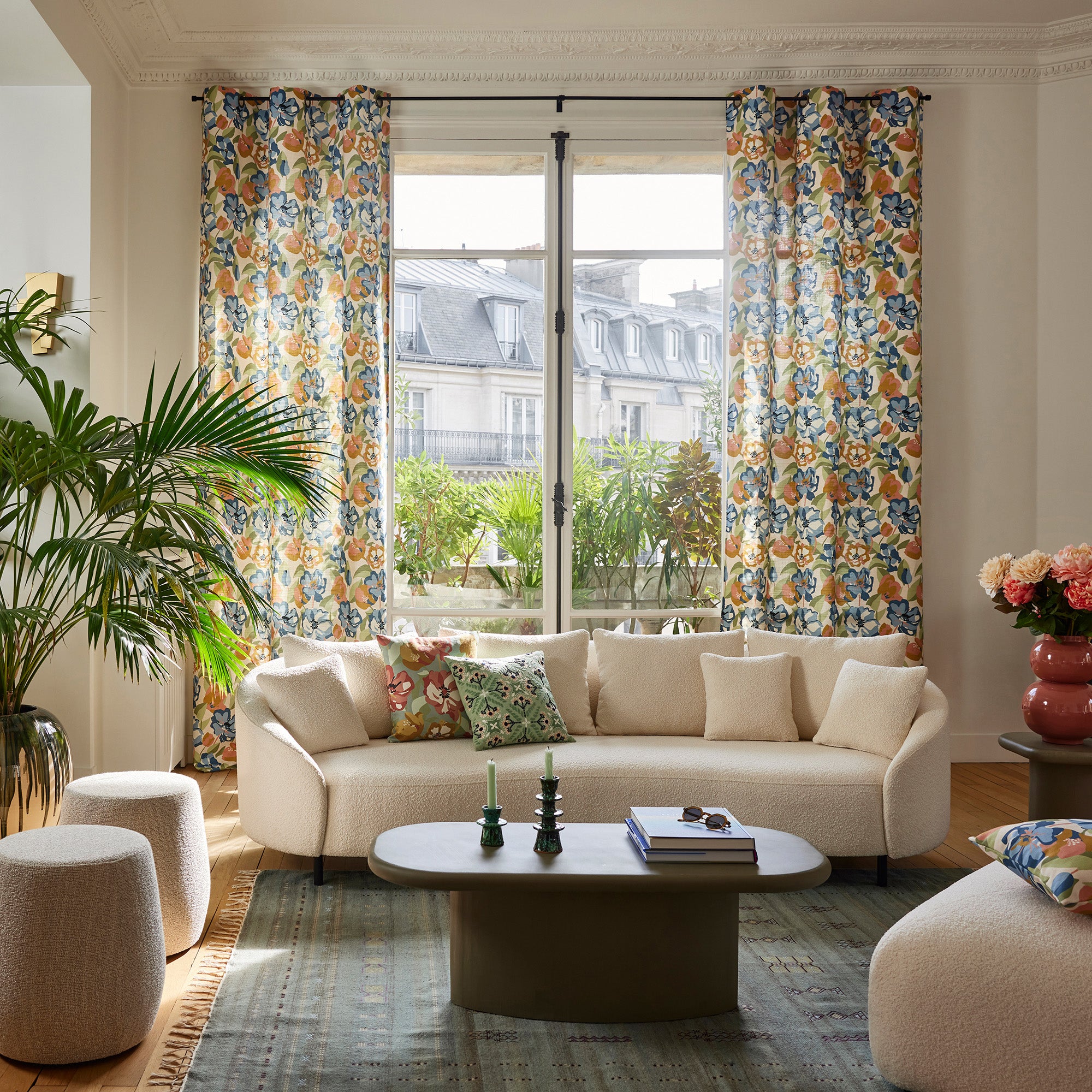 Rideau à oeillets dorés ADELISE écru et bleuté