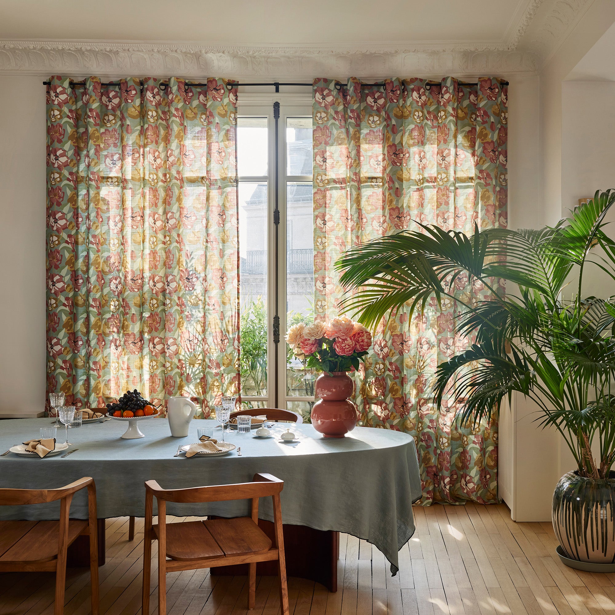 Rideau à oeillets dorés ADELISE céladon et terracotta
