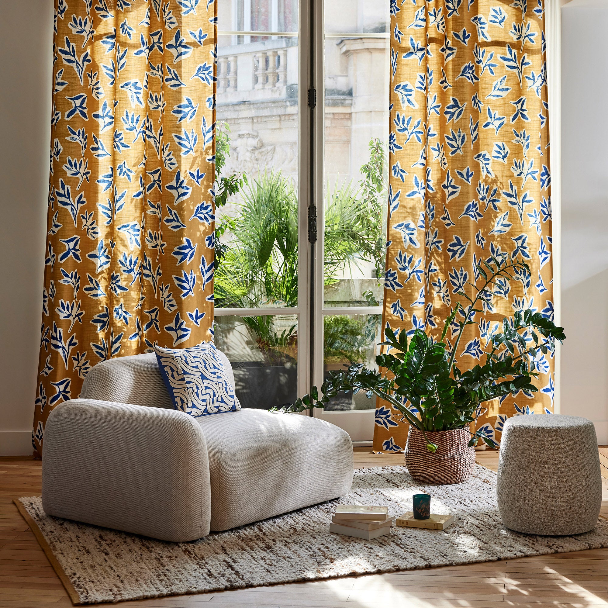 Rideau à oeillets dorés MATHYAS ocre et bleu