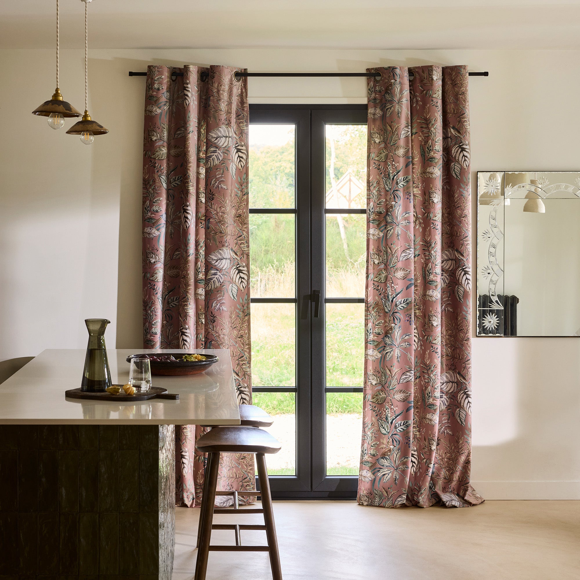 Gordijn met gouden oogjes OTONIA terracotta en groen