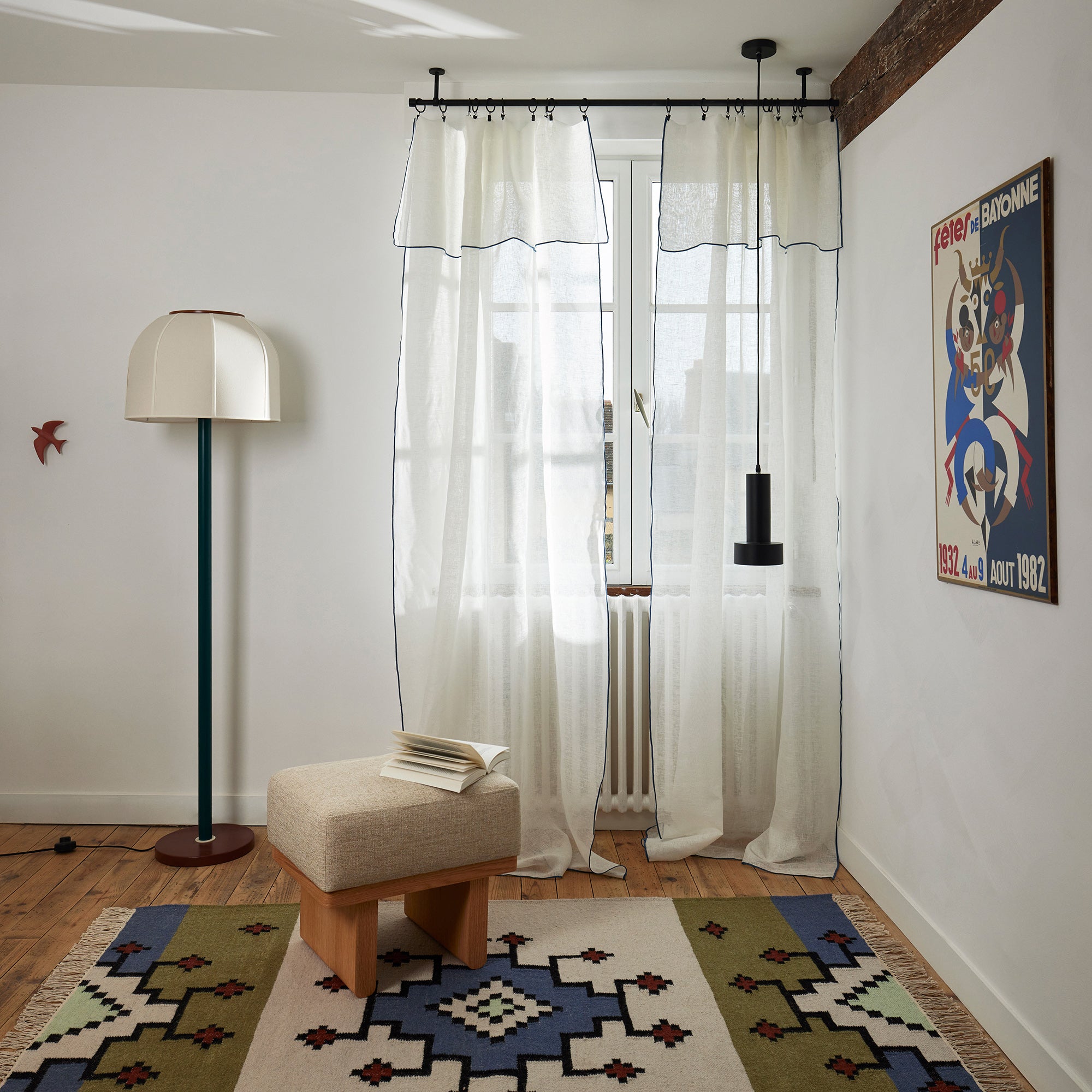 Voilage panneau SHADOW blanc pur et bourdon indigo