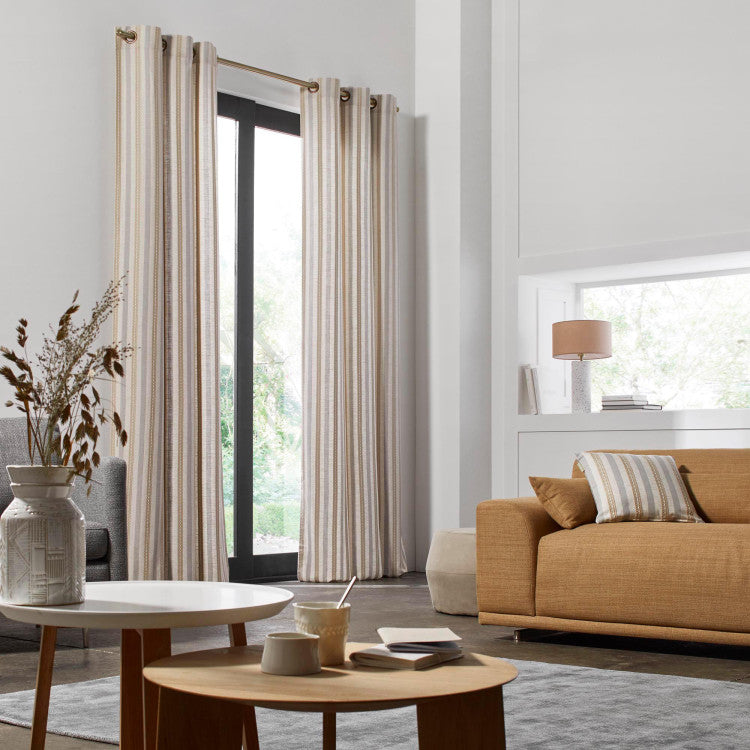 Rideau à oeillets dorés FELICIE beige naturel et bleu