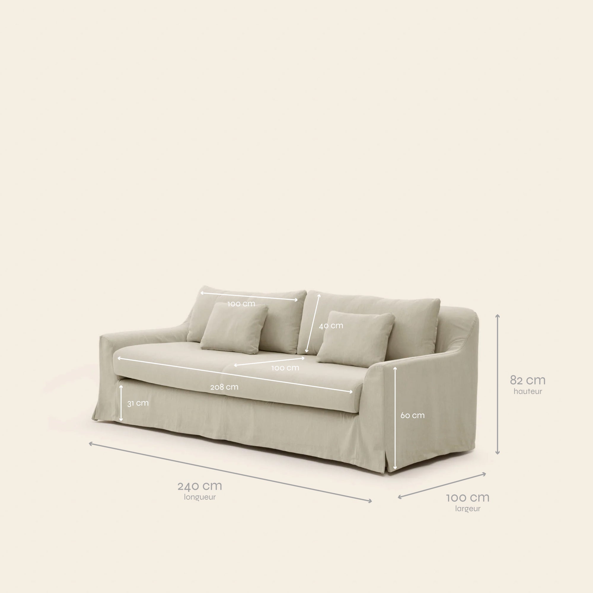 Canapé 3 places CLARIBEL barbate beige chaud