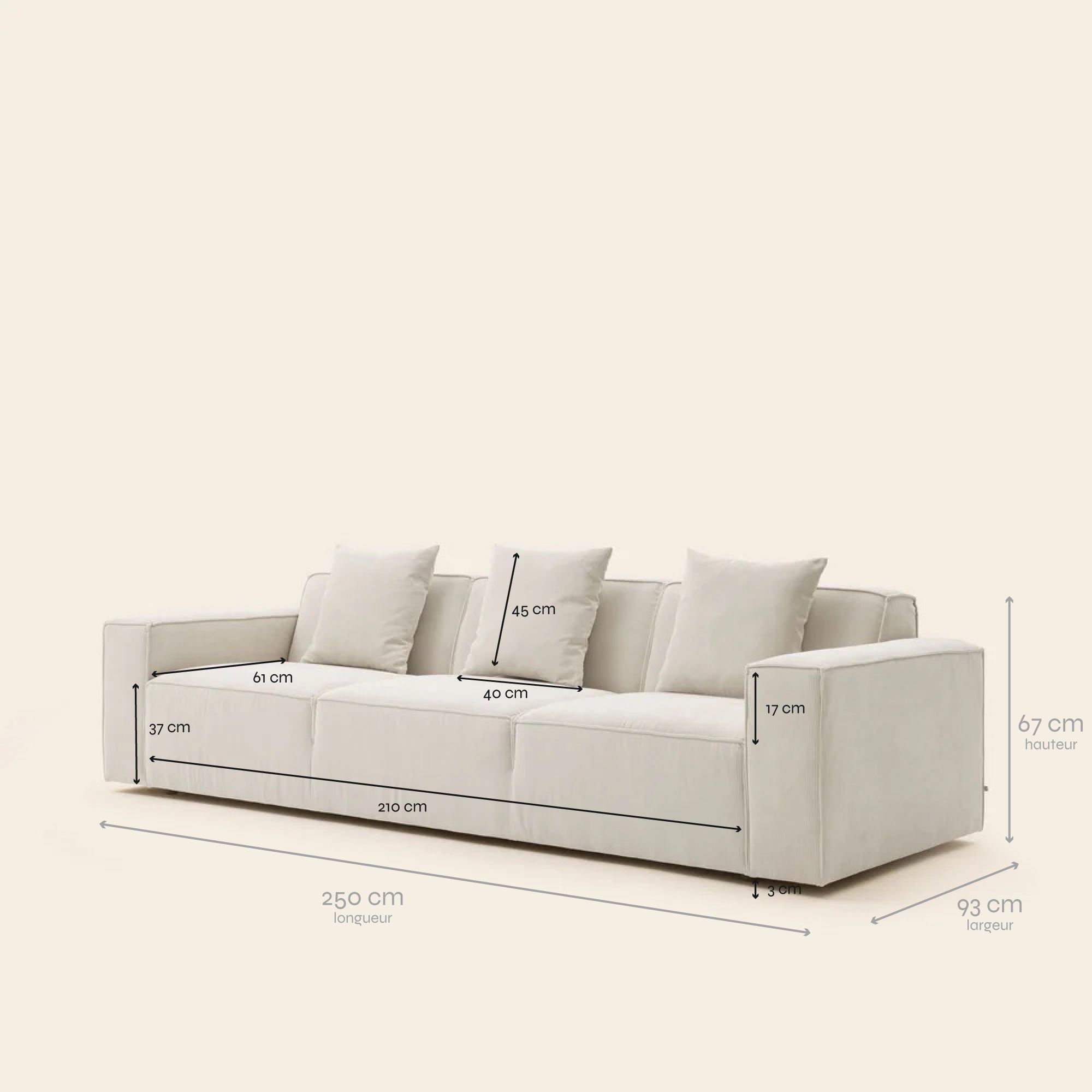 Geripptes Profilo-Sofa für 3 Sitzer DYONIS aus Kalkstein