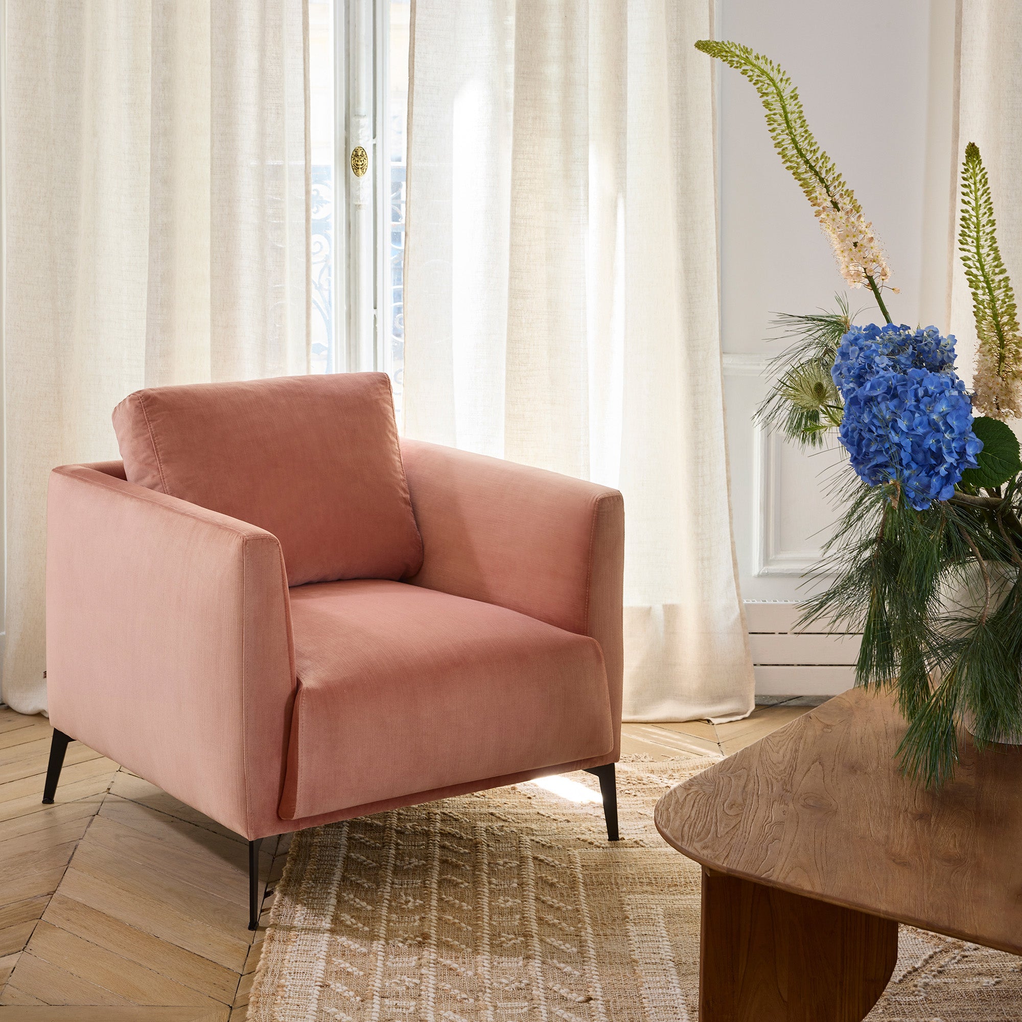 Fauteuil ODELLE velours pêche rosé