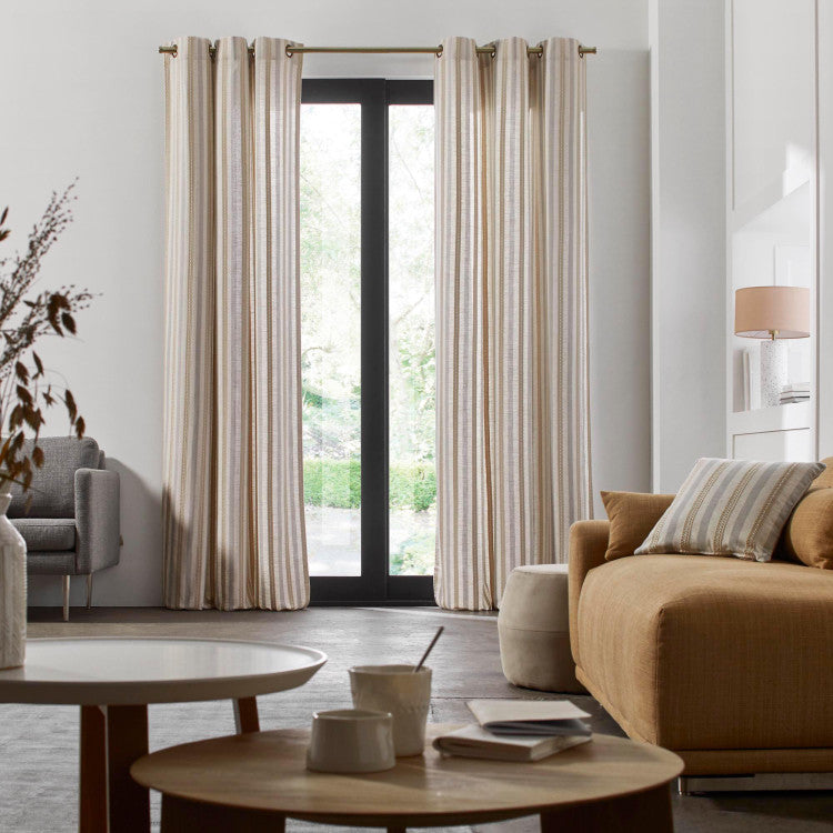 Rideau à oeillets dorés FELICIE beige naturel et bleu