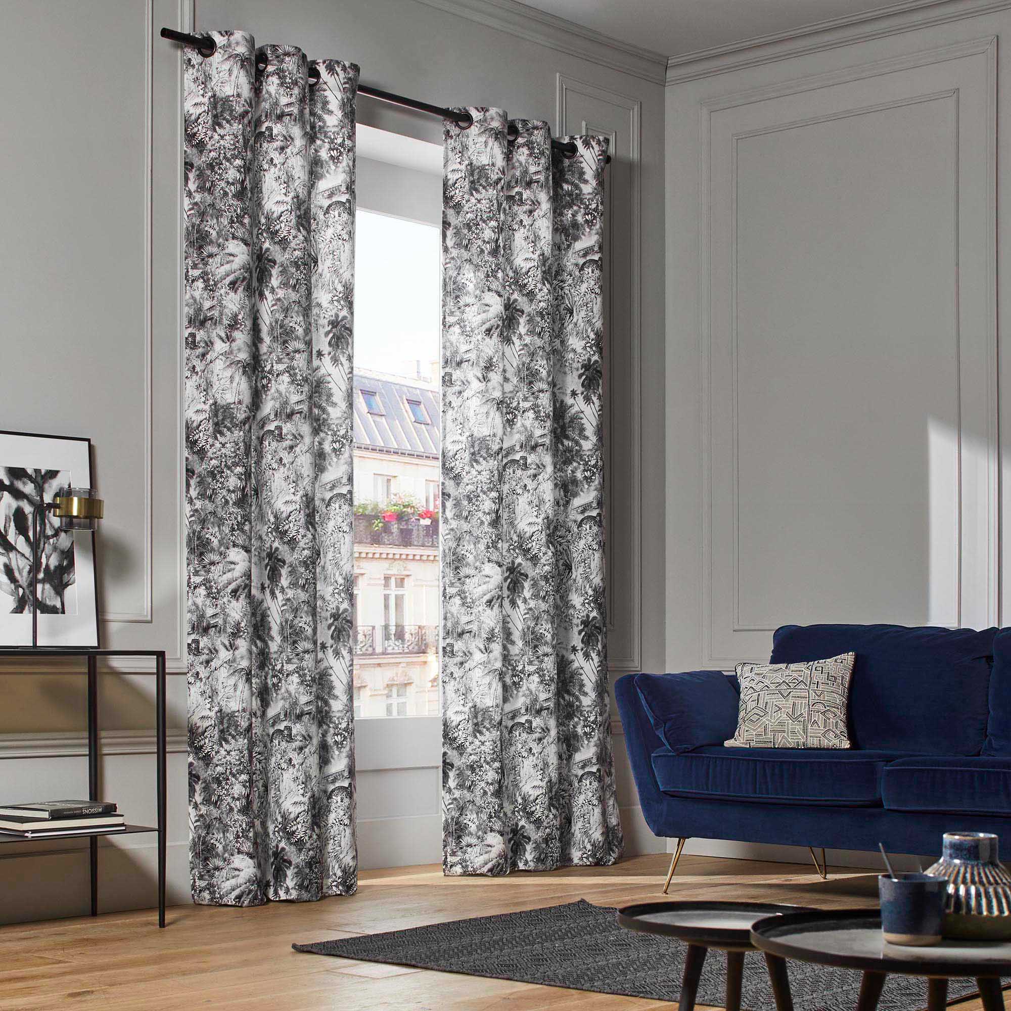 Rideau à oeillets noirs KALI blanc et fusain